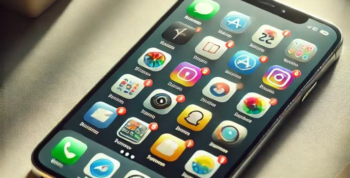 DALL·E 2024-08-15 11.35.54 - Create a realistic image that focuses on iPhone apps. The image could feature an iPhone screen displaying multiple app icons, arranged neatly and clea